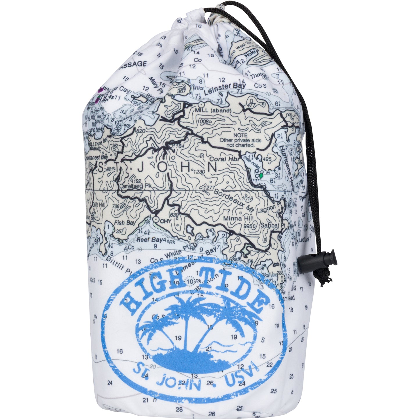 Drawstring bag with map design and 'High Tide St. John USA' text on a white background