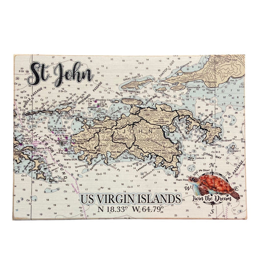 SOLID WOODEN MAP WITH COORDINATES & SEA TURTLE