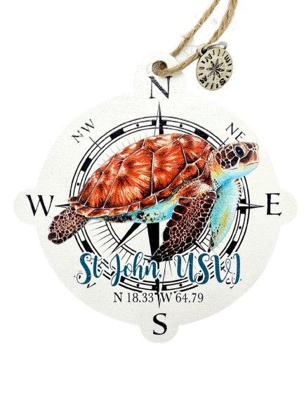 TURTLE COMPASS WOODEN MAP ORNAMENT