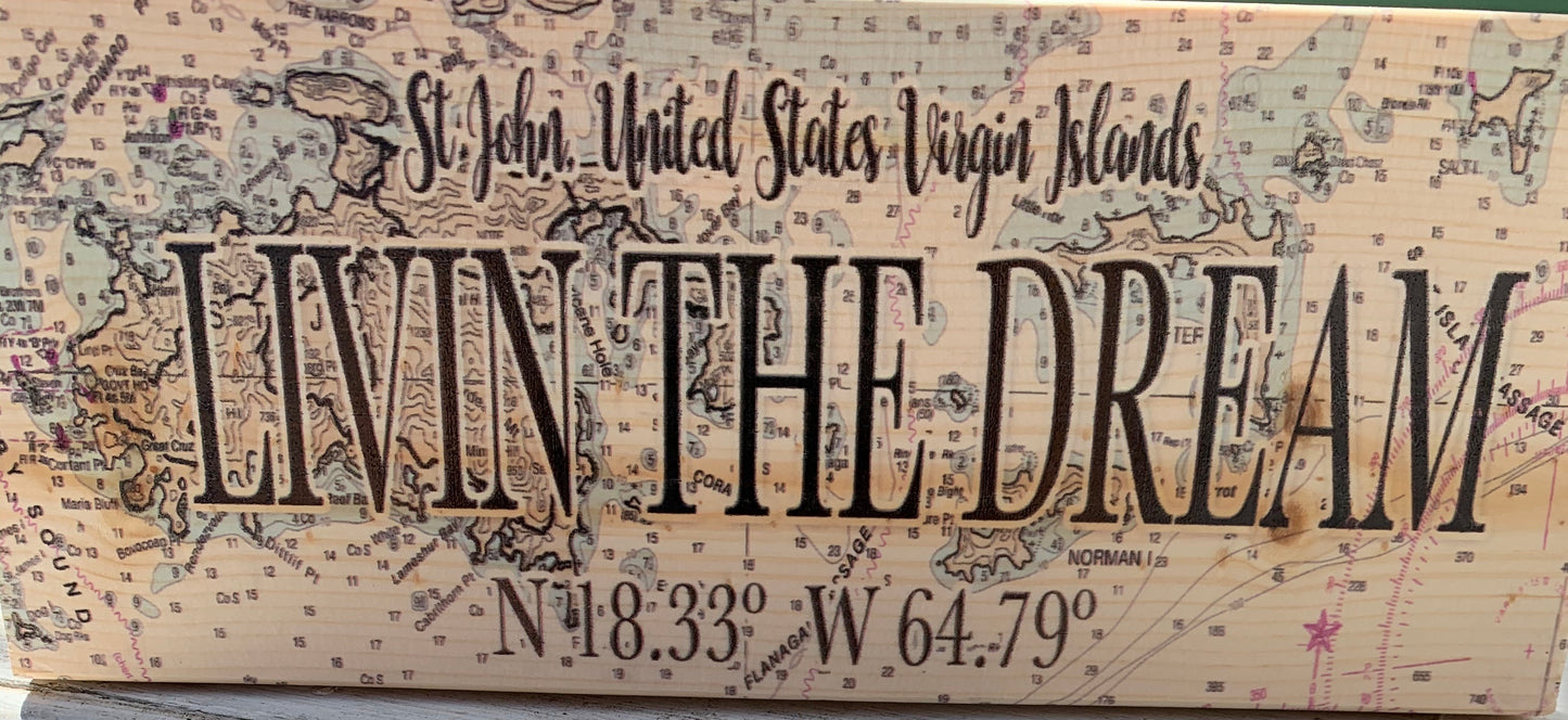 SOLID WOODEN MAP OF ST. JOHN WITH LIVIN' THE DREAM