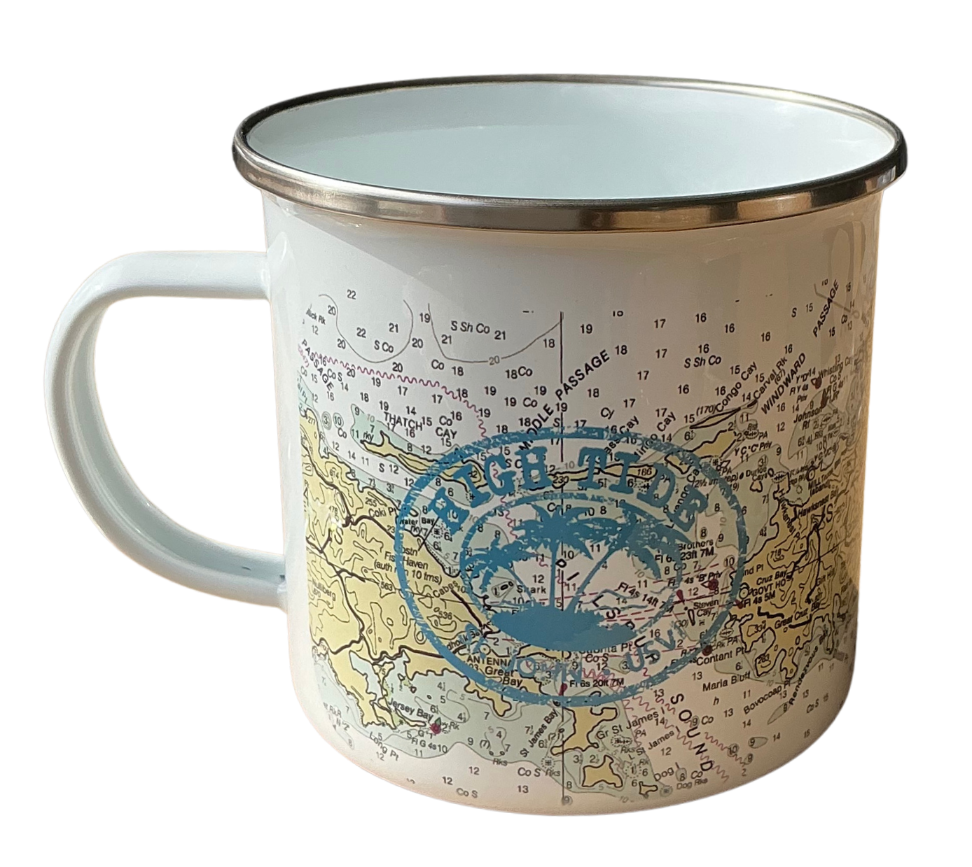 Mug with map design and 'High Tide' text on a white background