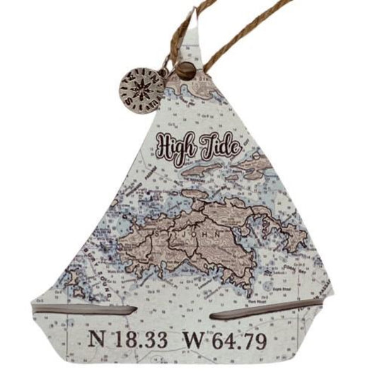 SAILBOAT WOODEN MAP ORNAMENT