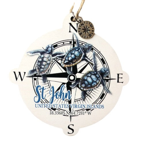 BABY TURTLE COMPASS WOODEN MAP ORNAMENT