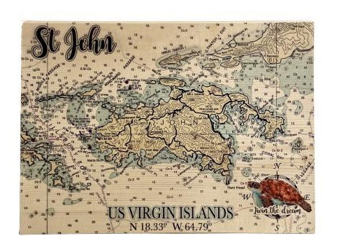 SOLID WOODEN MAP WITH COORDINATES & SEA TURTLE