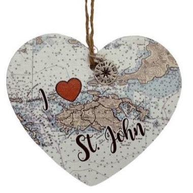 I HEART ST. JOHN WOODEN MAP ORNAMENT