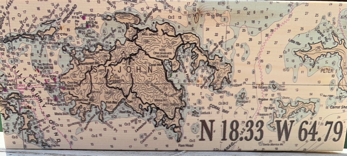 SOLID WOODEN MAP OF ST. JOHN WITH COORDINATES